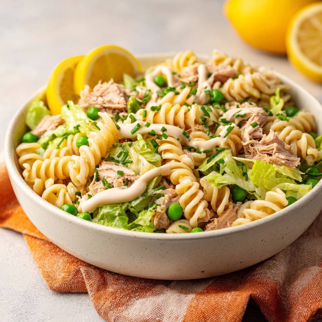 Frischer Thunfisch-Fusilli-Salat als Nahaufnahme mit Zitronenspalten und frischen Kräutern garniert auf einem Teller.