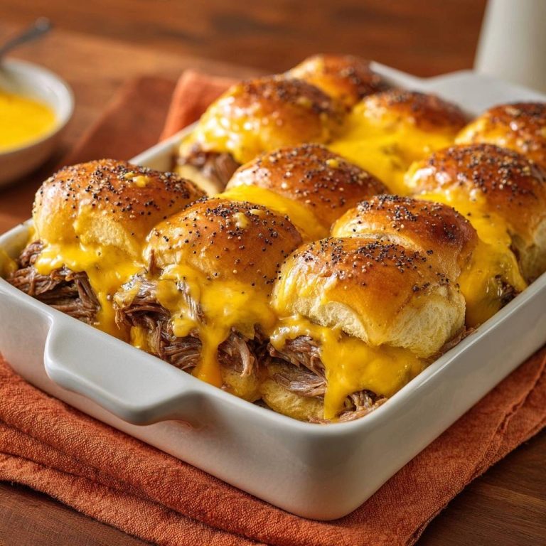 Überbackene Pulled Beef Käse-Slider im Backblech, geschmolzener Käse tropft auf saftiges Brot.