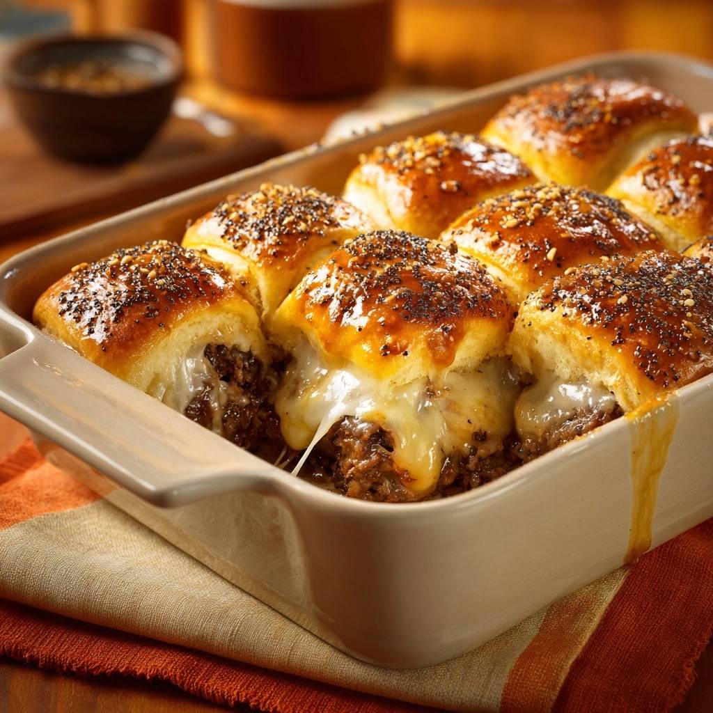 Überbackene Pulled Beef Käse-Slider mit geschmolzenem Käse und Kruste, Nahaufnahme in Auflaufform.