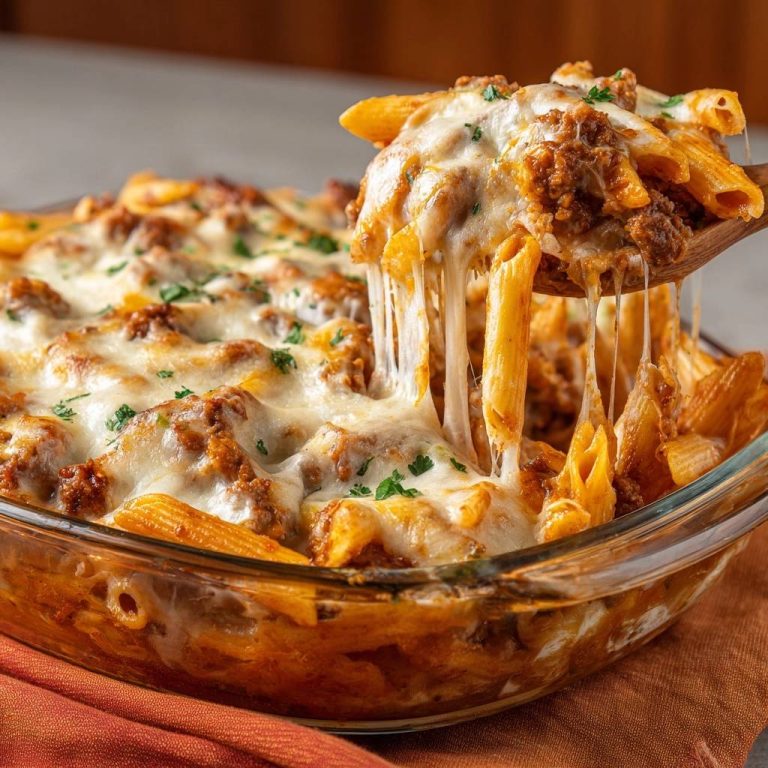 Überbackene Rigatoni Bolognese mit schmelzendem Käse, der beim Anheben Fäden zieht und mit Petersilie garniert ist.