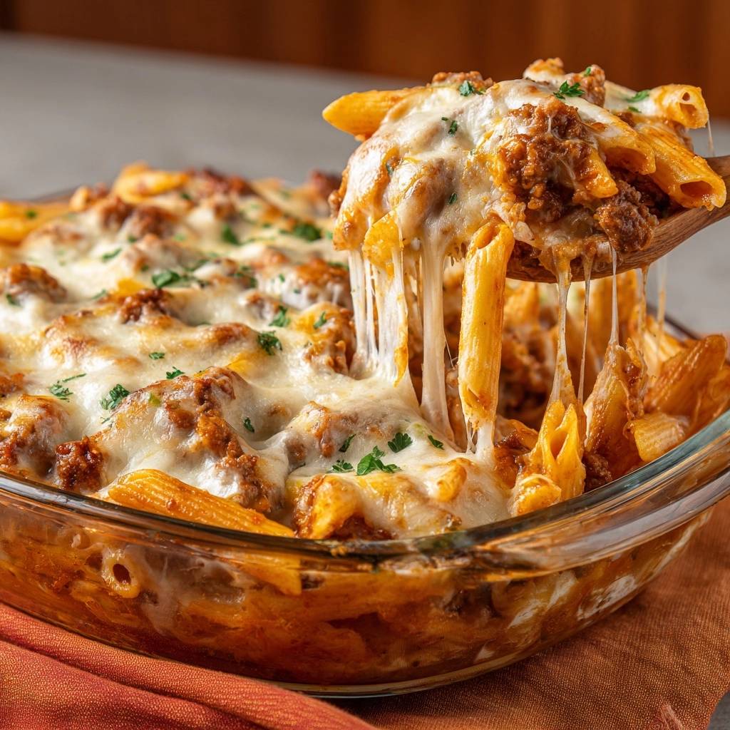 Überbackene Rigatoni Bolognese mit schmelzendem Käse, der beim Anheben Fäden zieht und mit Petersilie garniert ist.