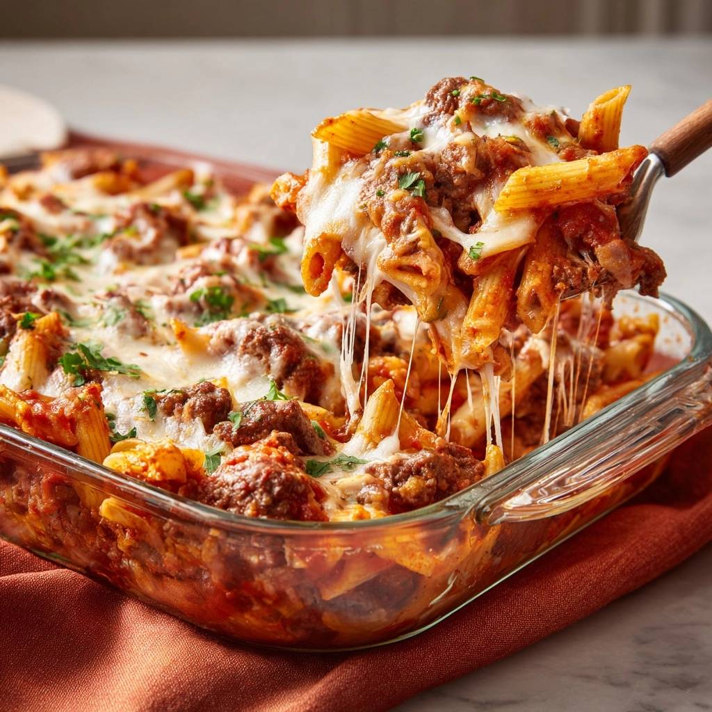Überbackene Rigatoni Bolognese mit geschmolzenem Käse und frischer Petersilie, nahaufnahme des servierten Gerichts