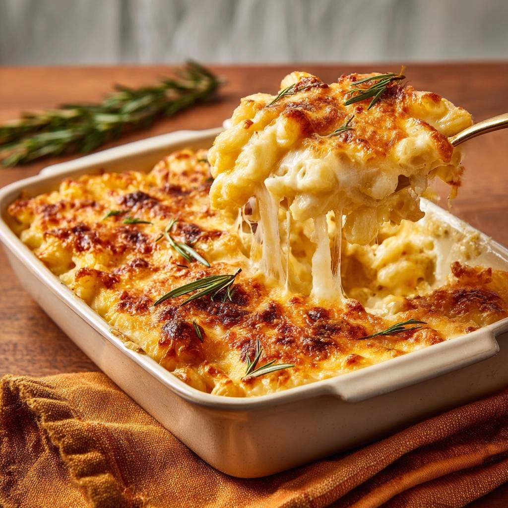 Überbackenes Mac and Cheese mit Rosmarin, mit geschmolzenem Käse, der beim Servieren von der Gabel gezogen wird.
