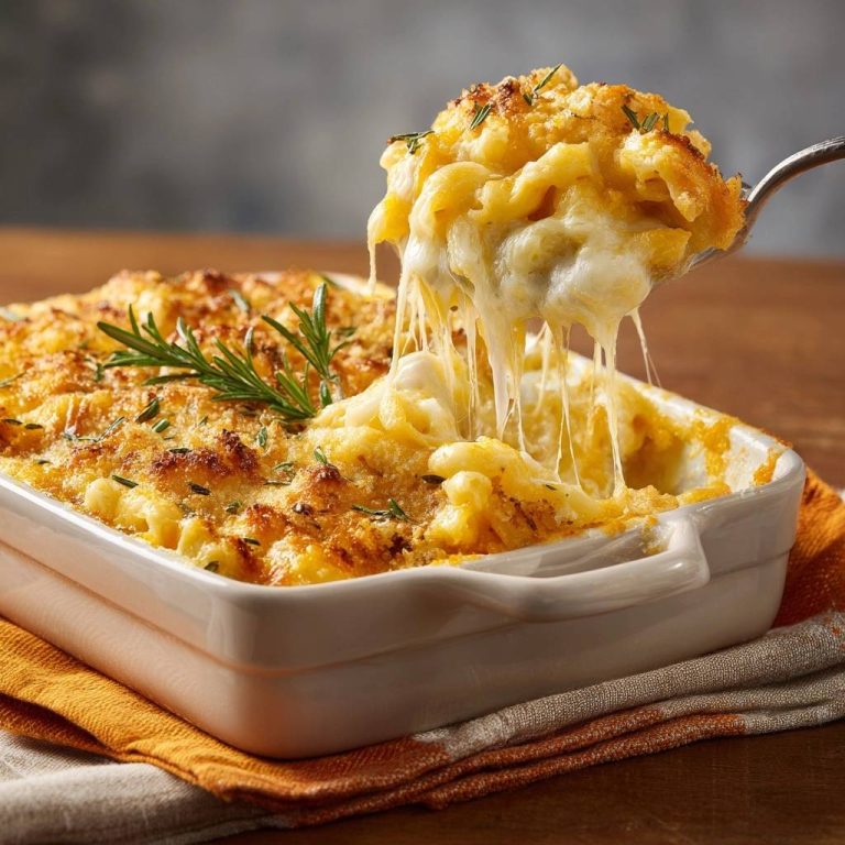 Überbackenes Mac and Cheese mit Rosmarin, das cremig und knusprig mit einem Löffel mit geschmolzenem Käse herausgehoben wird.