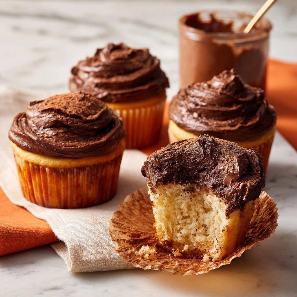 Saftige Vanille-Cupcakes mit Schokoladen-Frosting, angeschnitten, um die zarte Textur und das cremige Frosting zu zeigen.