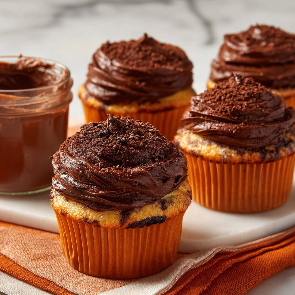 Saftige Vanille-Cupcakes mit Schokoladen-Frosting, nahaufnahme eines einzelnen Cupcakes neben einem Glas Schokoladencreme.