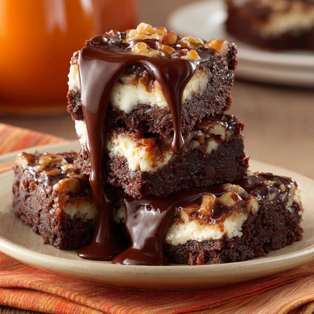 Walnuss-Cheesecake-Brownies mit Schokoguss, nahaufnahme eines gestapelten Desserts mit fließendem Schokoguss und Nüssen.