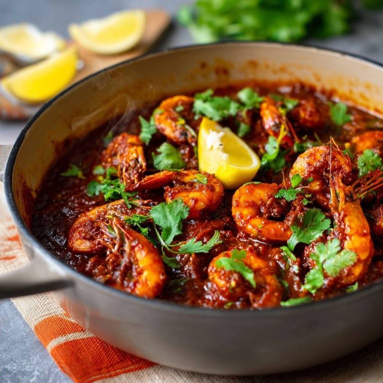 Würziges Garnelen-Curry mit saftigen Garnelen, serviert in einer Pfanne und garniert mit frischem Koriander und Zitrone.