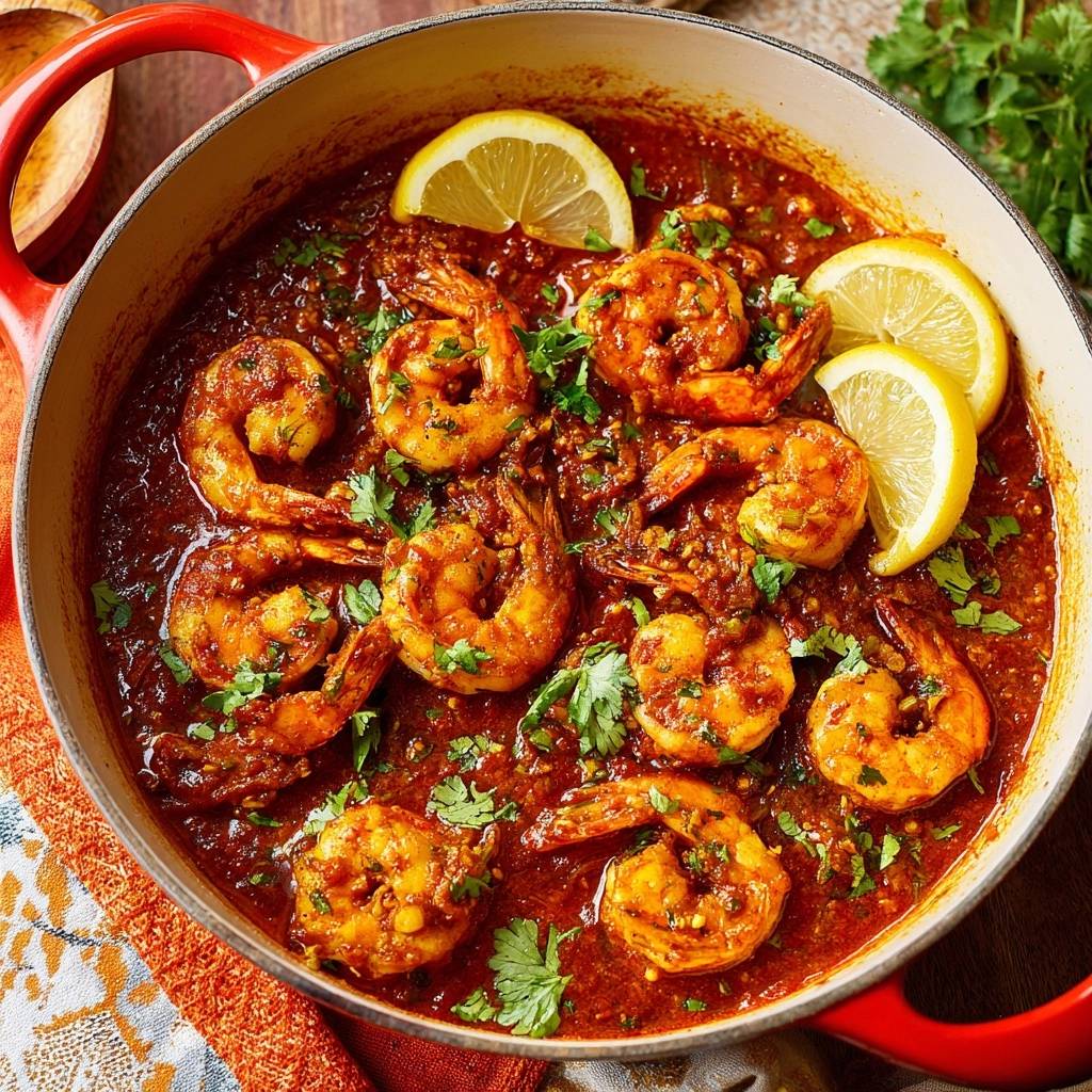 Würziges Garnelen-Curry in einer roten Pfanne, garniert mit frischer Petersilie und Zitronenscheiben.