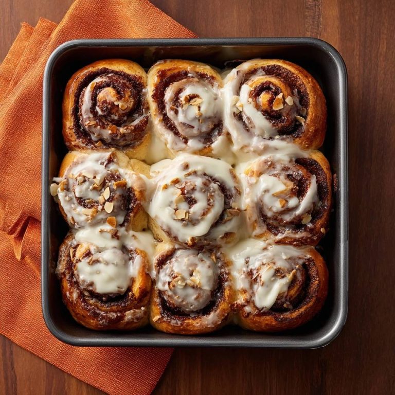 Zimtschnecken mit Mandeln, frisch gebacken und mit Glasur überzogen in einer quadratischen Backform, von oben fotografiert.