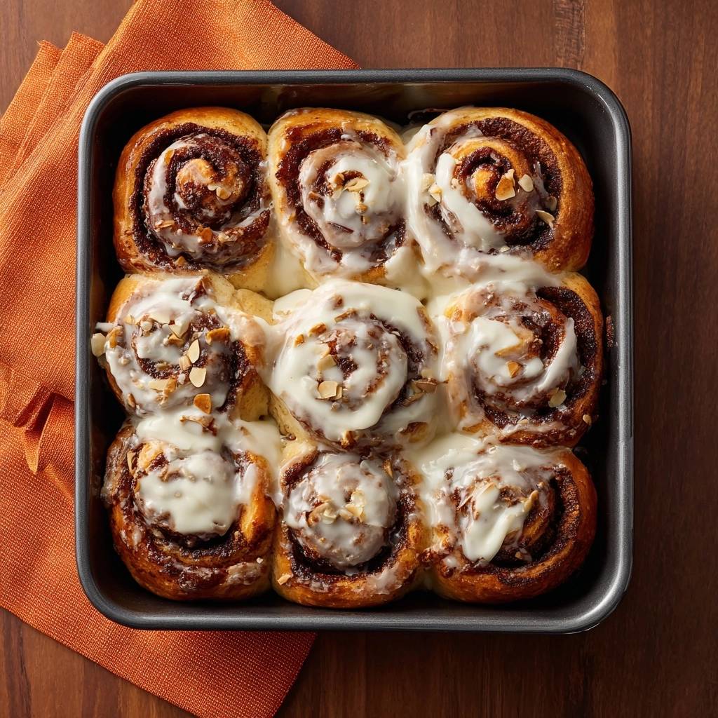 Zimtschnecken mit Mandeln, frisch gebacken und mit Glasur überzogen in einer quadratischen Backform, von oben fotografiert.