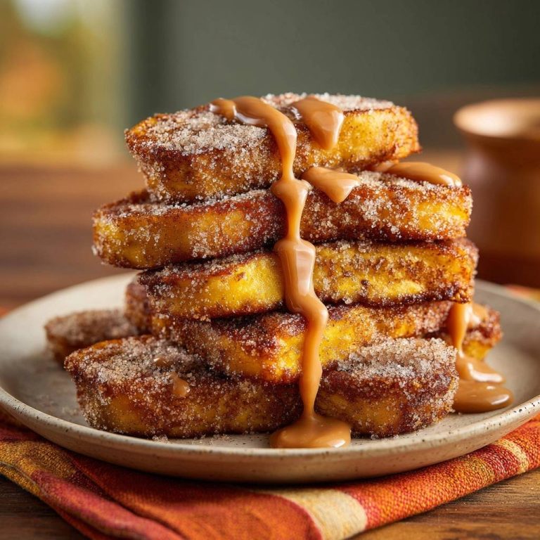 Zimtzucker French Toast mit Karamellsoße, gestapelt und mit Soße garniert, auf einem Teller serviert.