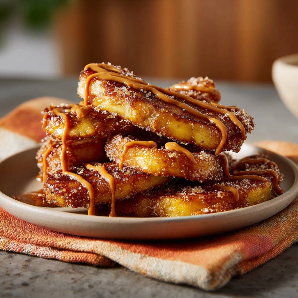 Zimtzucker French Toast mit Karamellsoße, auf einem Teller gestapelt und mit Karamellsoße garniert.