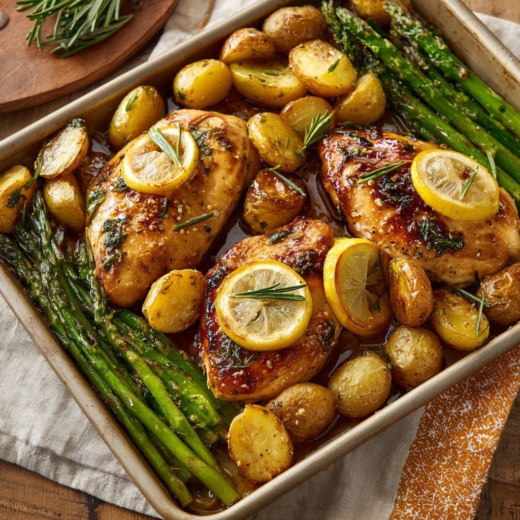 Zitronen-Rosmarin-Hähnchen mit Ofenkartoffeln und Spargel, serviert auf einem ganzen Backblech mit Zitronenscheiben und Rosmarin garniert.