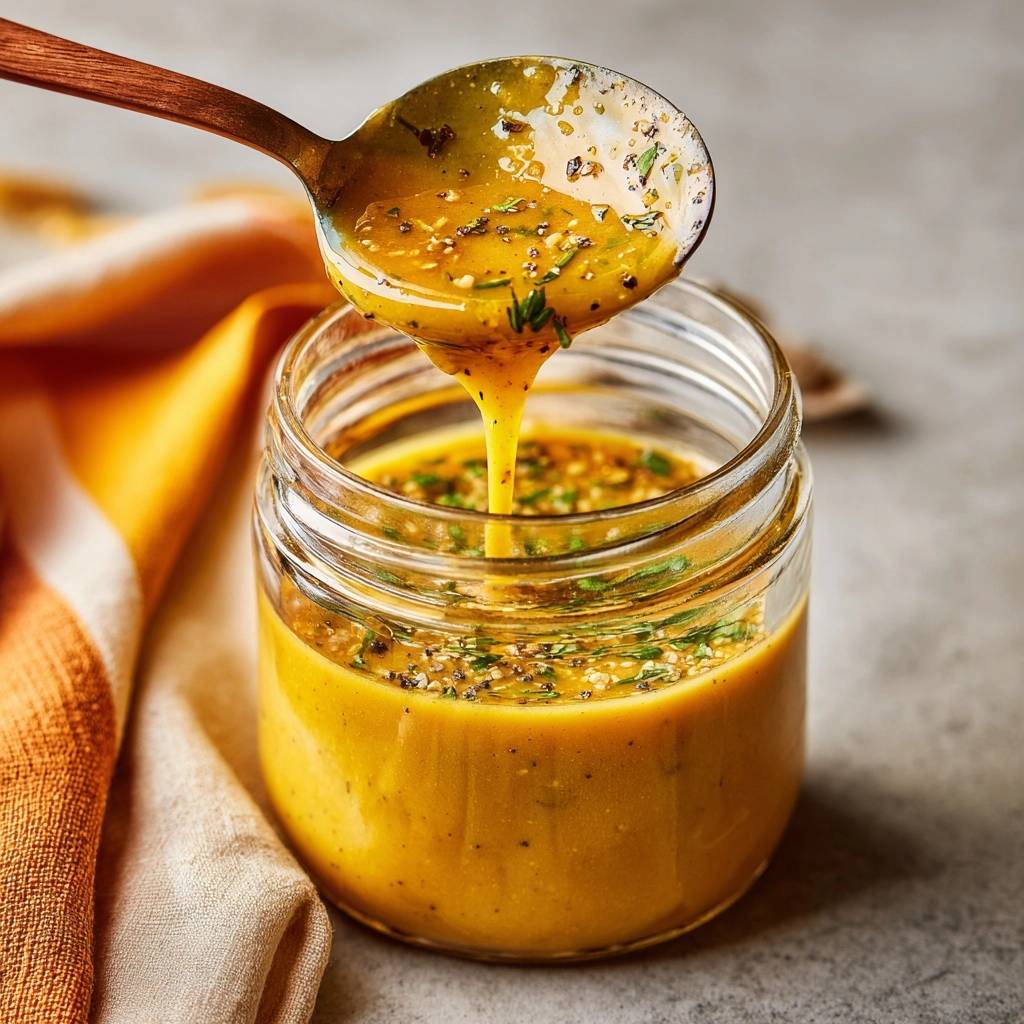 Zitronen-Thymian-Vinaigrette wird aus einem Holzlöffel in ein Glas geschüttet, was die cremige Textur und die Kräuter zeigt.
