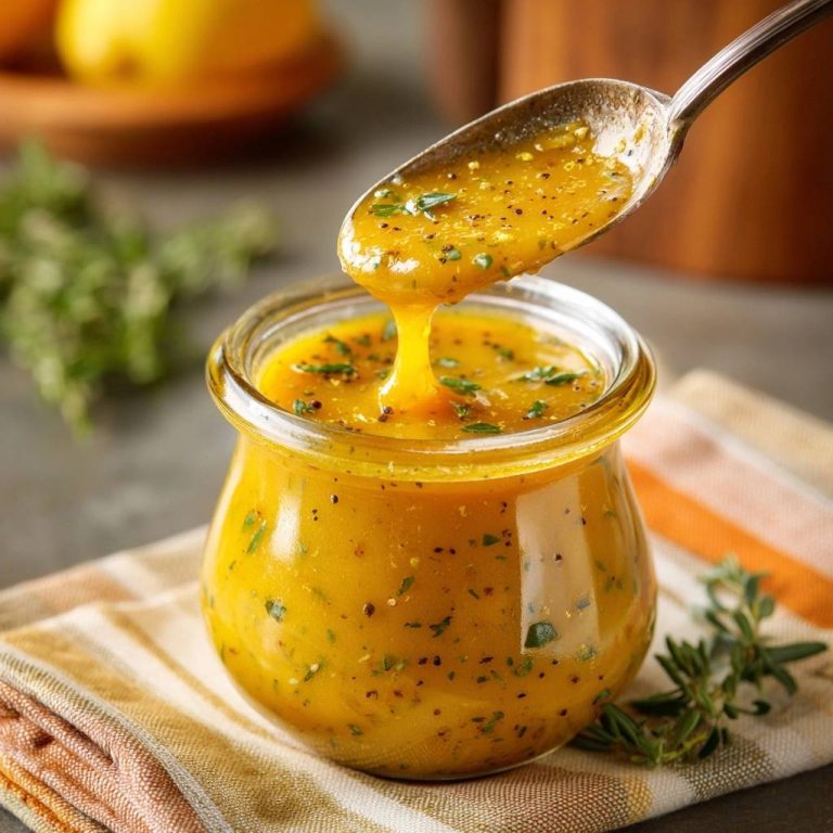 Zitronen-Thymian-Vinaigrette tropft von einem Löffel in ein Glas, mit Kräutern und Gewürzen.
