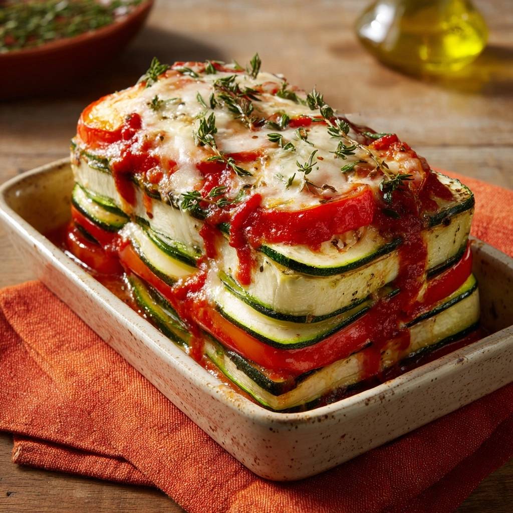Zucchinilasagne, in einer Auflaufform mit geschmolzenem Käse und frischen Kräutern garniert, ist ein Low-Carb-Gericht.