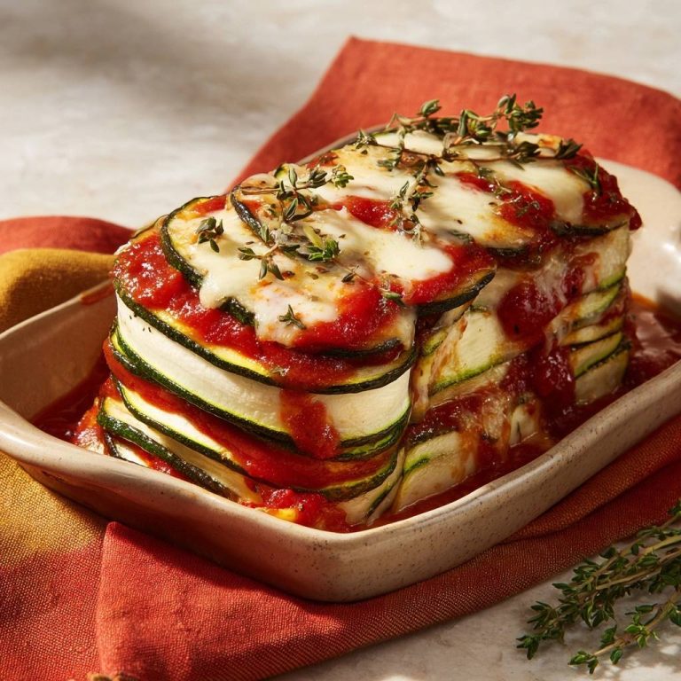 Zucchinilasagne geschichtet mit geschmolzenem Käse und Tomatensauce, garniert mit frischen Kräutern.