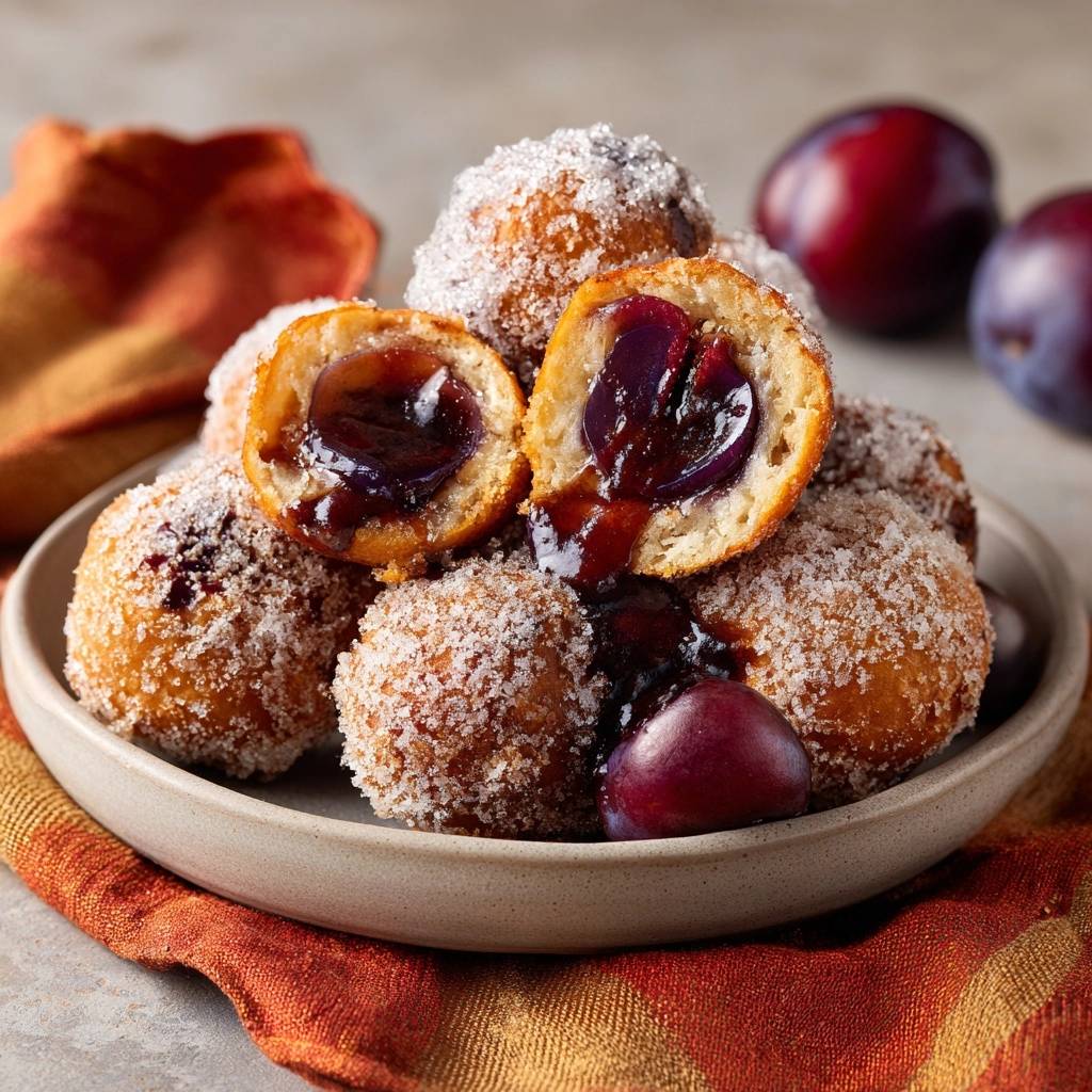 Fluffige Zwetschgenknödel angeschnitten, die eine saftige Pflaumenfüllung und Zuckerkruste zeigen.