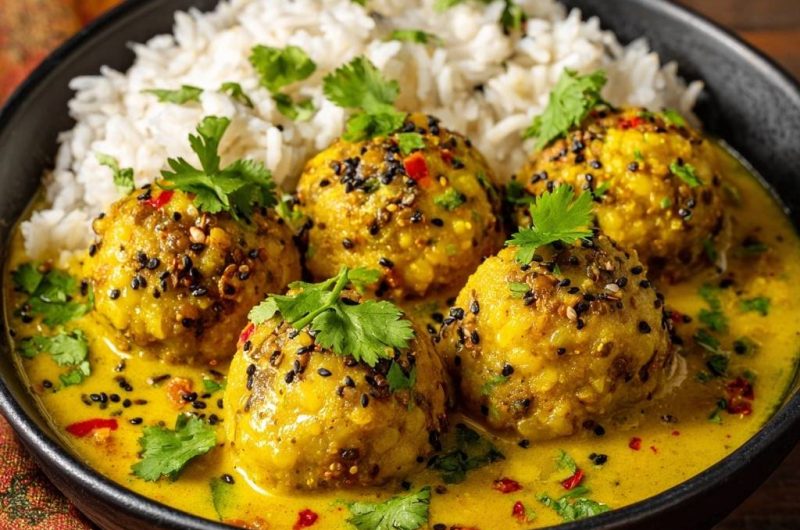 Blumenkohl-Kofta in goldenem Curry mit Reis
