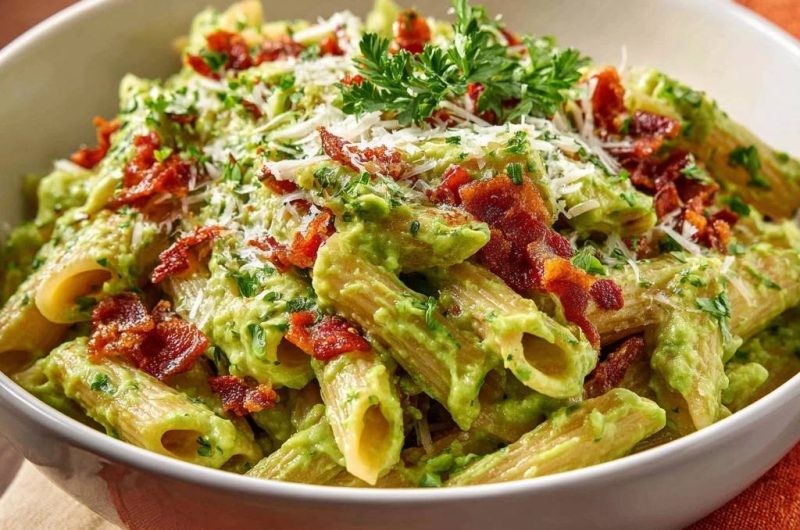 Cremige Avocado-Penne mit knusprigem Speck