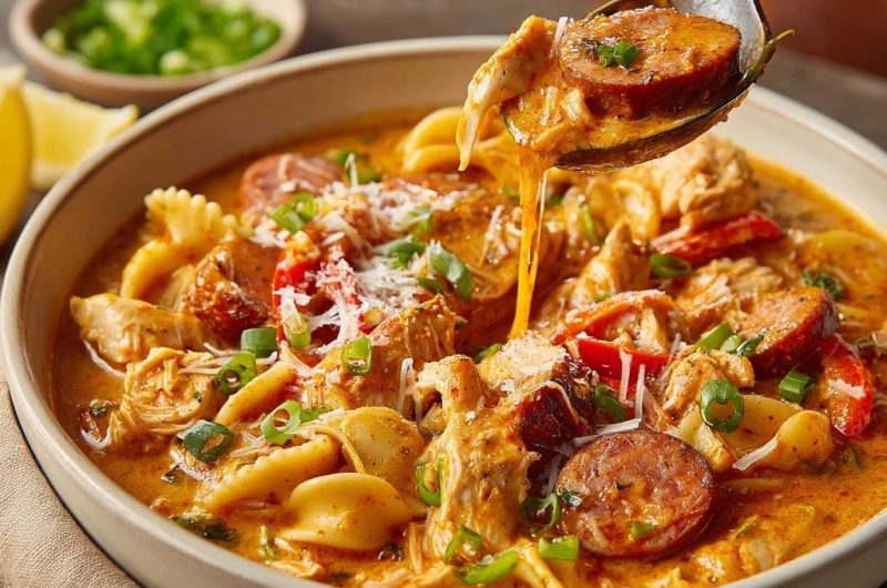 Cremige Hähnchen-Wurst-Farfalle-Suppe