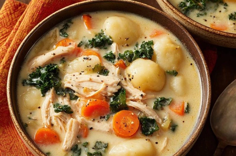 Cremige Hühnersuppe mit Kartoffeln, Karotten und Grünkohl