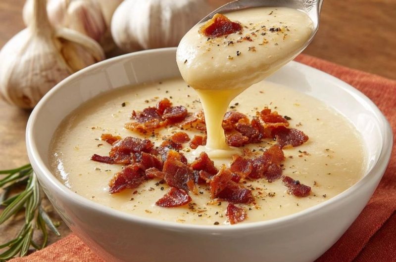 Cremige Kartoffel-Knoblauch-Suppe mit Speck