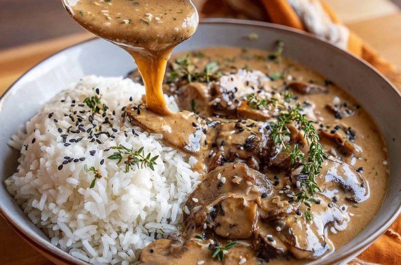 Cremige Pilz-Tofu-Soße mit Thymian über Sesamreis