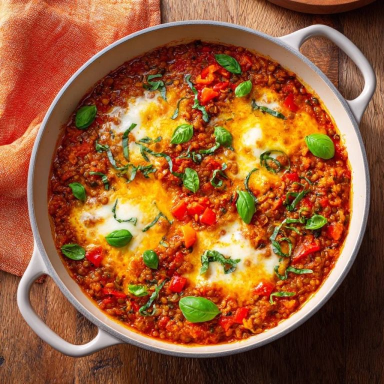 Cremige Tomaten-Linsen-Pfanne mit Paprika und Mozzarella