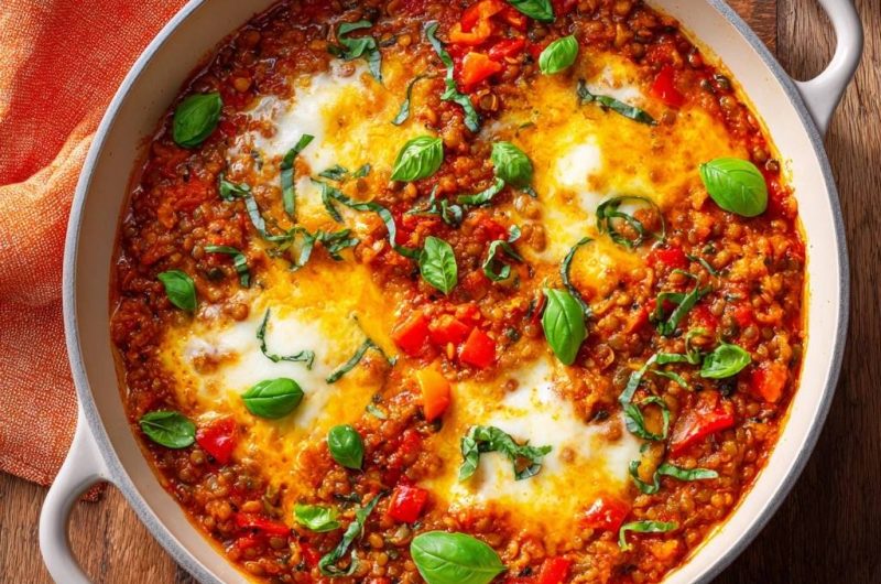 Cremige Tomaten-Linsen-Pfanne mit Paprika und Mozzarella (Nie wieder matschige Linsen!)