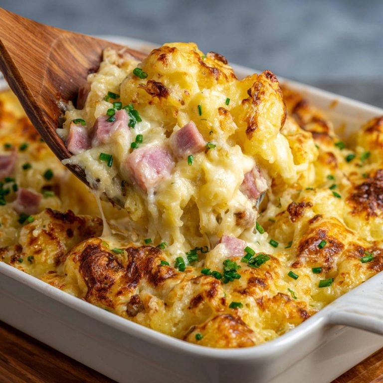 Cremiger Blumenkohlauflauf mit geräucherten Putenwürfeln – Rezept