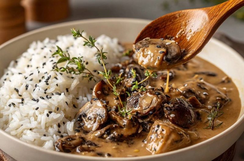 Cremiges Champignon-Ragout mit Thymianreis (Keine wässrige Soße mehr!)