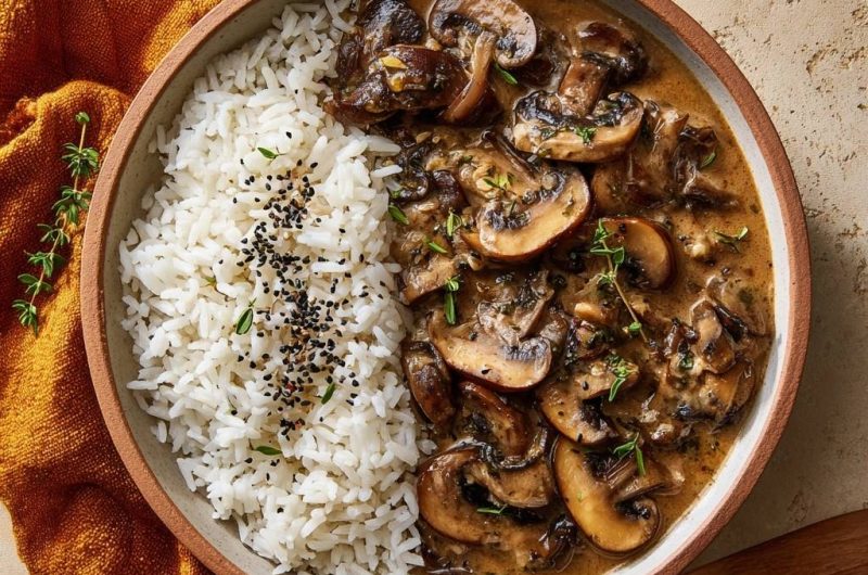 Cremiges Champignon-Thymian-Ragout mit Reis
