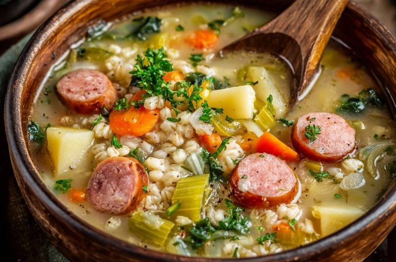 Deftiger Graupeneintopf mit Wurst und Lauch