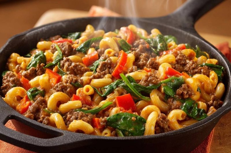 Ein-Pfannen-Hack-Macaroni mit Paprika & Spinat