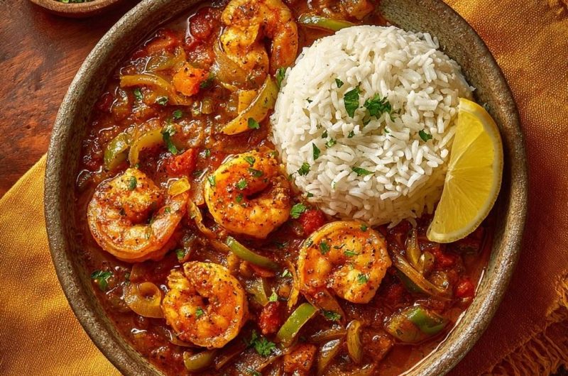 Garnelen in Tomaten-Paprika-Sauce mit Reis