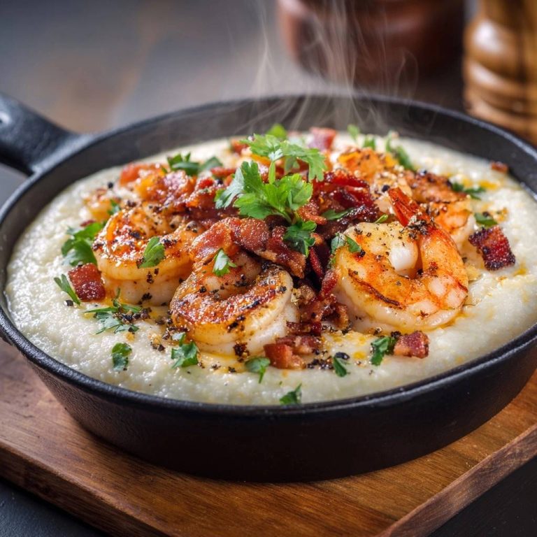 Garnelen mit Speck auf cremigen Maisgrits – saftig & knusprig