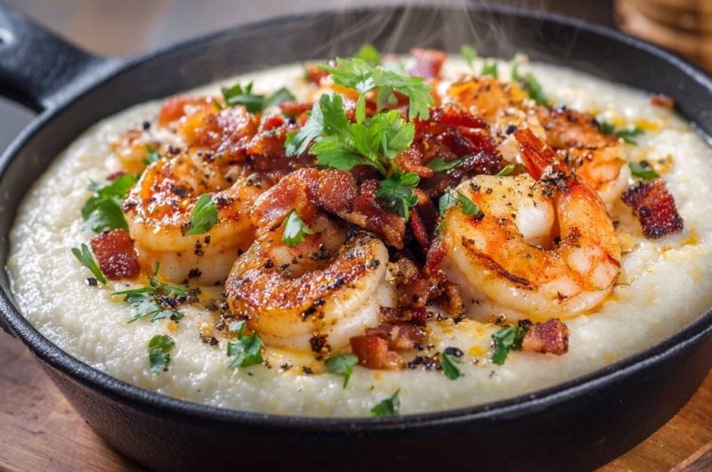 Garnelen mit Speck auf cremigen Maisgrits