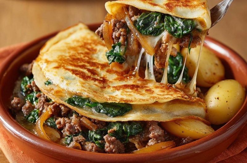 Gefüllte Spinat-Hack-Crêpes mit Kartoffeln