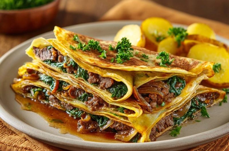 Gestapelte Crêpes mit Rindfleisch-Spinat-Füllung