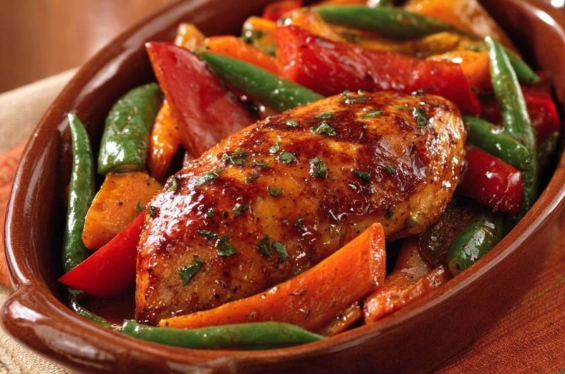 Glasiertes Hähnchen mit Paprika, Bohnen & Karotten
