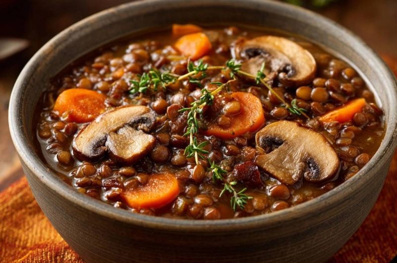 Herzhafter Linseneintopf mit Pilzen, Karotten & Thymian