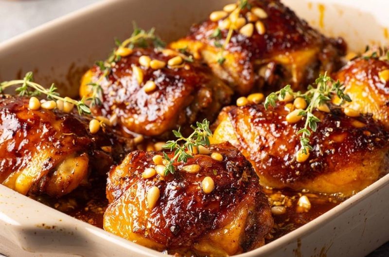 Honig-Thymian-Hähnchenschenkel mit Pinienkernen