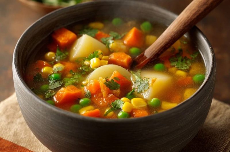 Knackige Gemüsesuppe mit Karotten, Erbsen & Mais