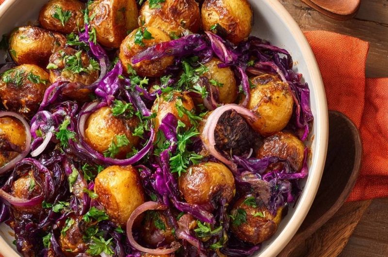 Knusprige Babykartoffeln mit Rotkohl und Zwiebeln (Nie wieder matschige Kartoffeln!)