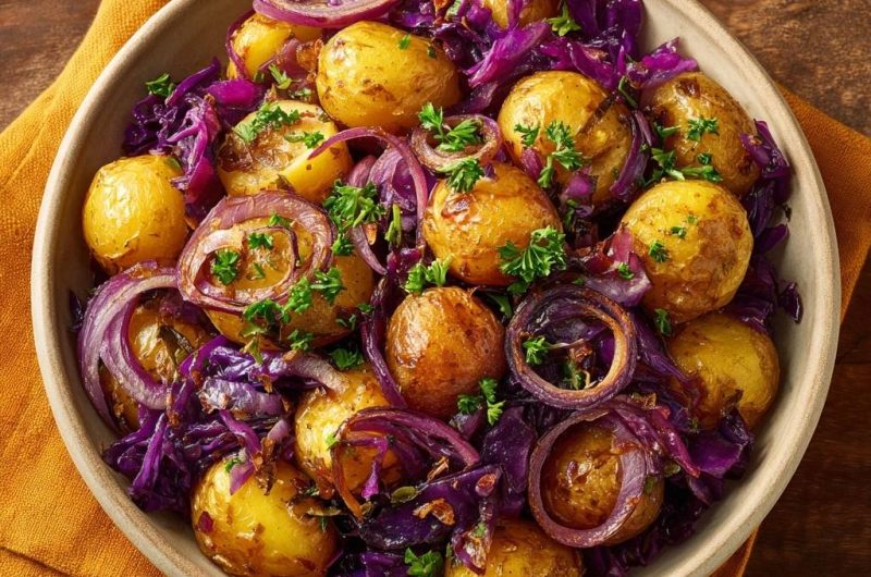 Knusprige Babykartoffeln mit Rotkohl und Zwiebeln (Nie wieder matschige Kartoffeln!)