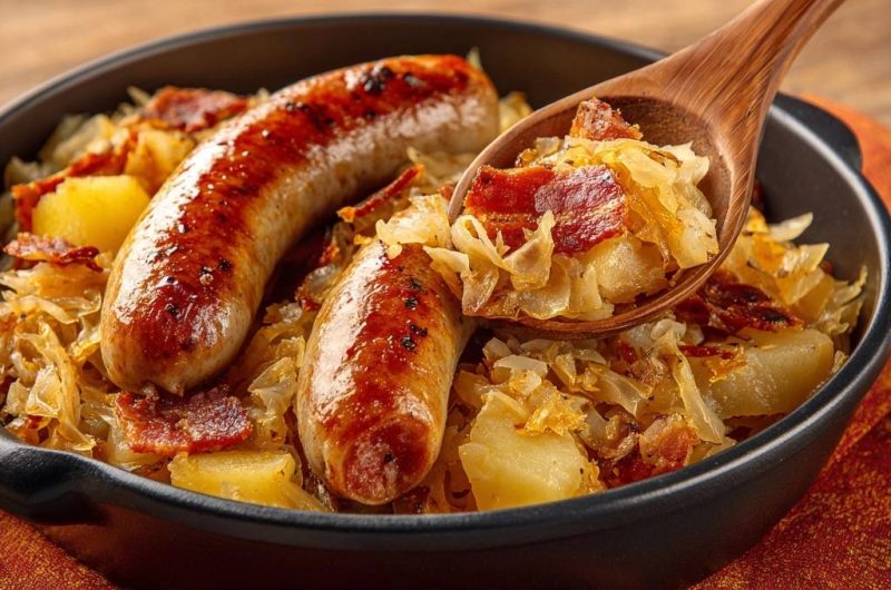 Knusprige Bratwurst-Pfanne mit Kraut und Kartoffeln