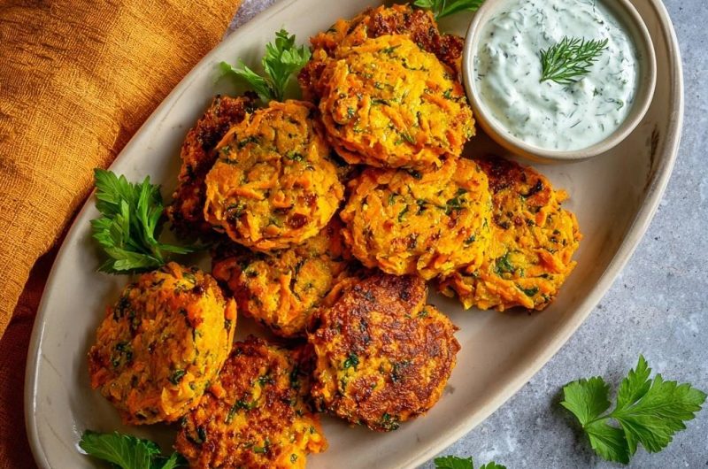 Knusprige Karottenfrikadellen mit Dill-Joghurt