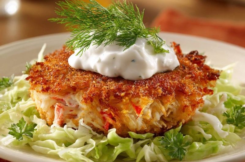 Knusprige Krabbenkuchen mit Dillcreme und Coleslaw
